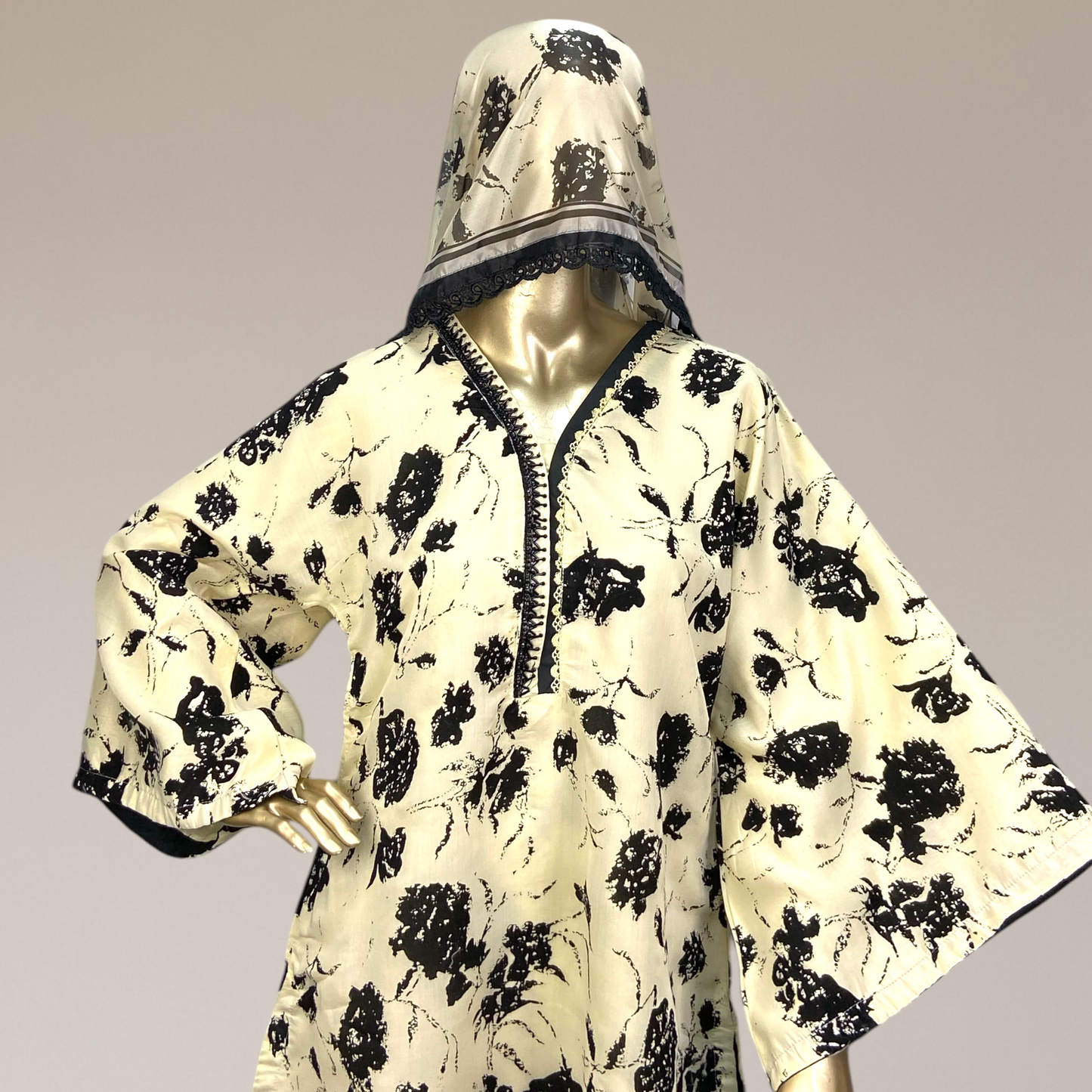 Elegant Cotton Polyester Suit with Printed Silk Dupatta & Lace Detailing
