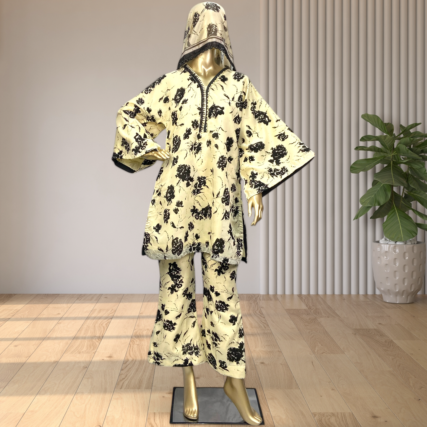 Elegant Cotton Polyester Suit with Printed Silk Dupatta & Lace Detailing