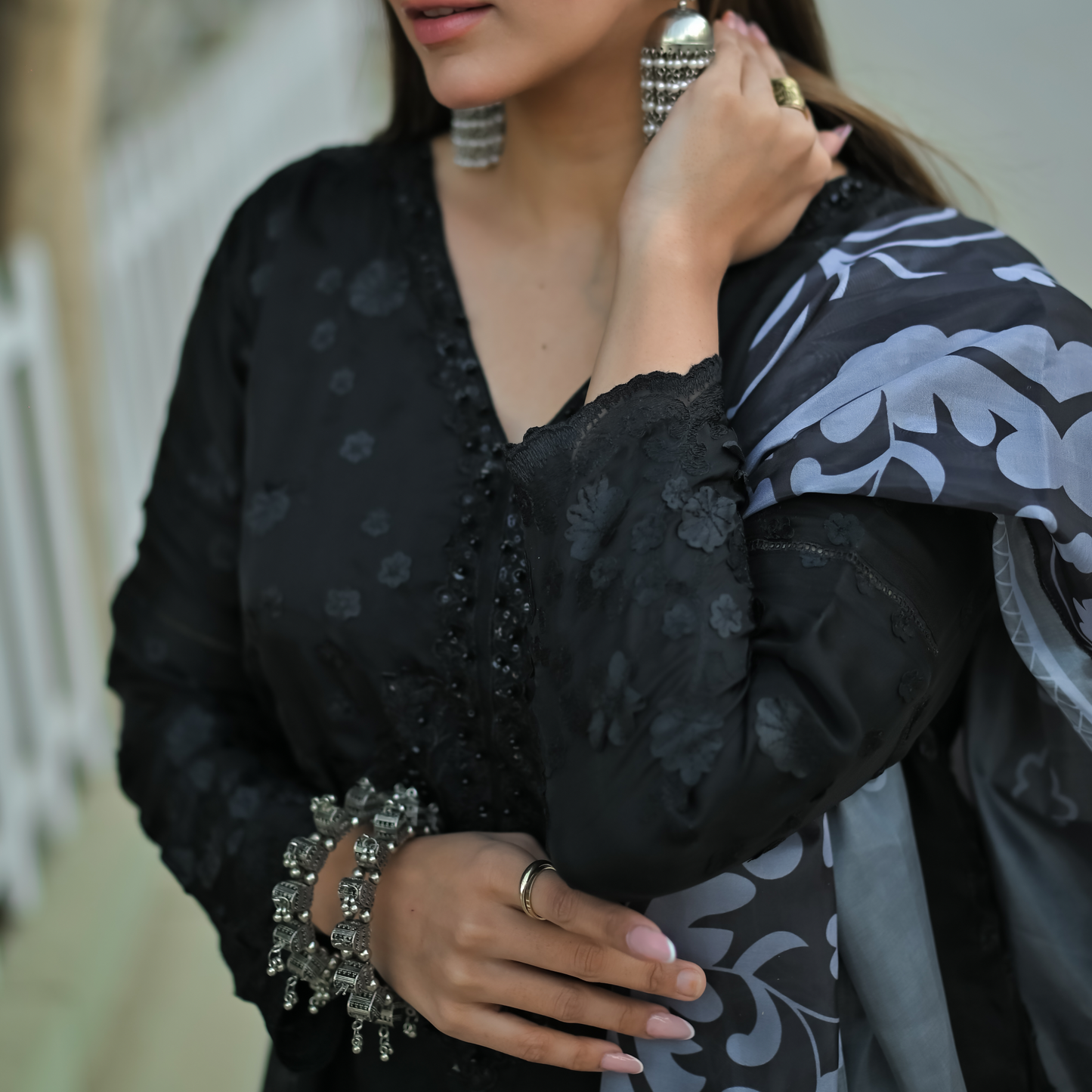 Elegant 3D SILK Tail Style Frock with Handcrafted Neckline & Digital Printed Dupatta MMG-837