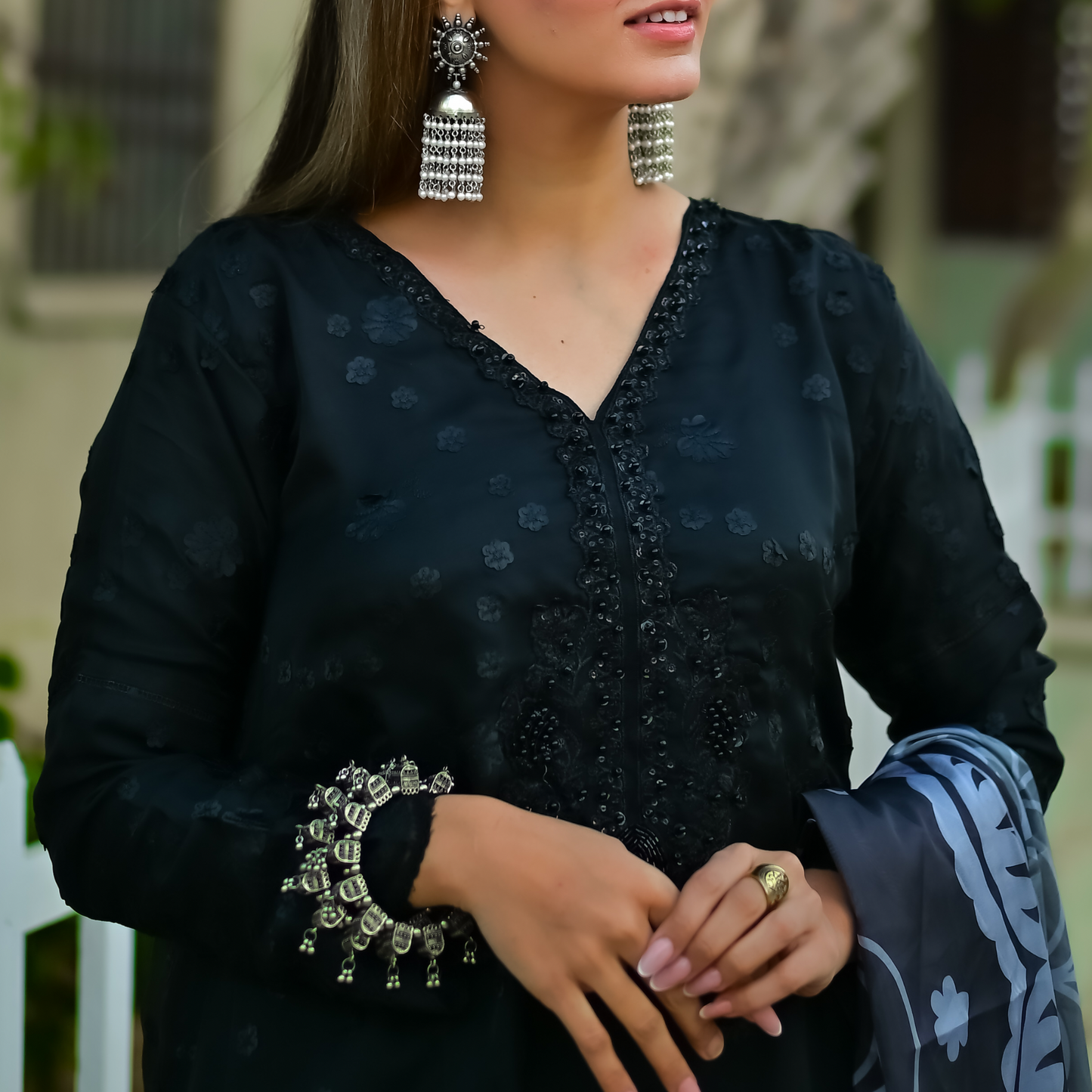 Elegant 3D SILK Tail Style Frock with Handcrafted Neckline & Digital Printed Dupatta MMG-837