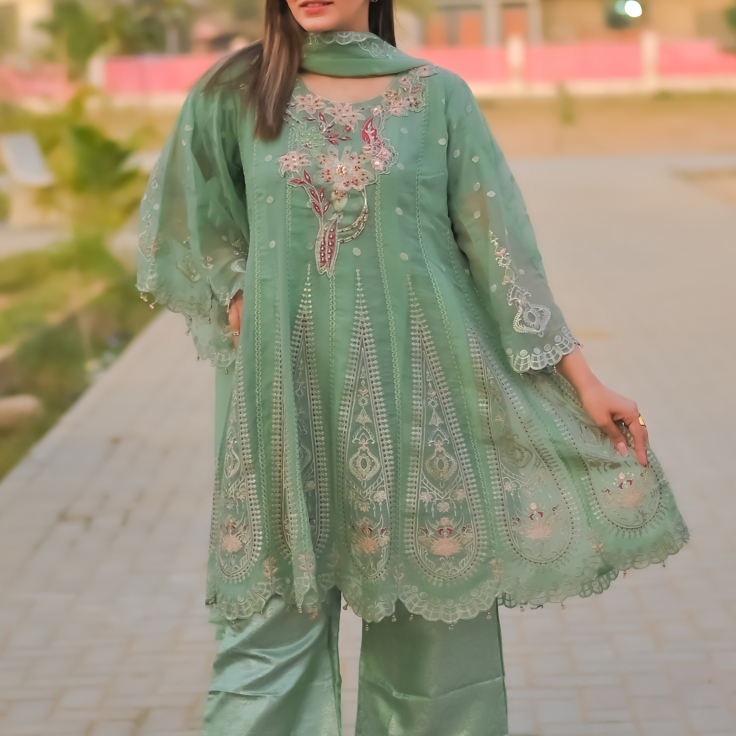 3-PIECE Elegant Flare Embroidered Chiffon Frock with Banarsi Trousers & Chiffon Dupatta MMG-824