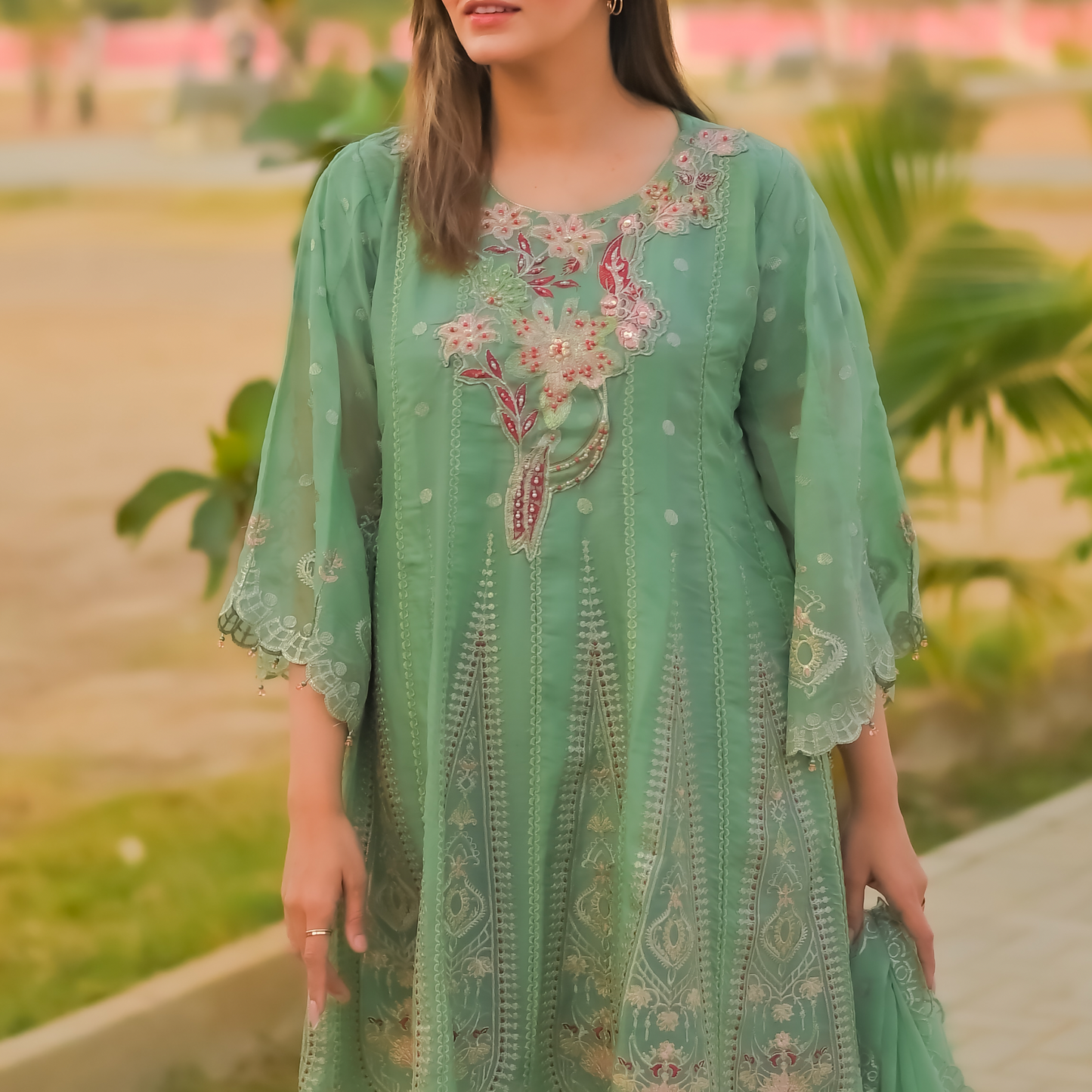 3-PIECE Elegant Flare Embroidered Chiffon Frock with Banarsi Trousers & Chiffon Dupatta MMG-824