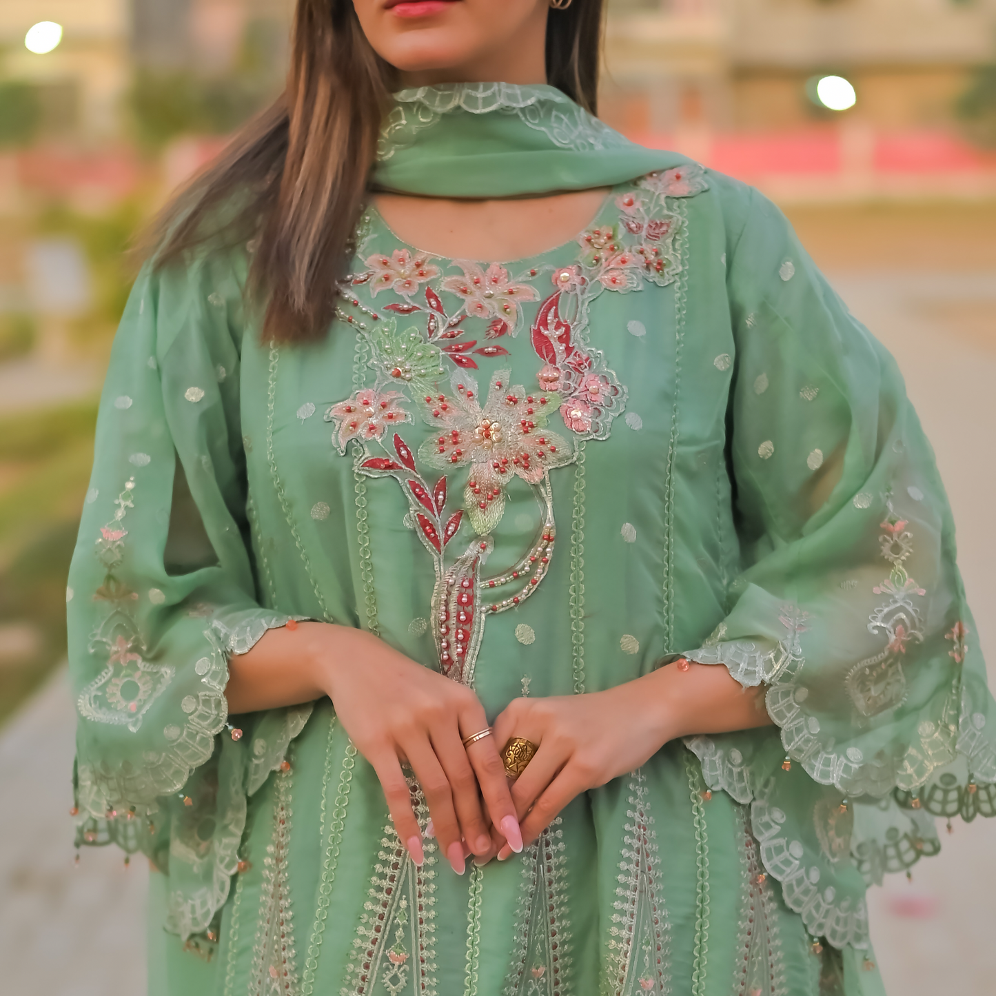 3-PIECE Elegant Flare Embroidered Chiffon Frock with Banarsi Trousers & Chiffon Dupatta MMG-824