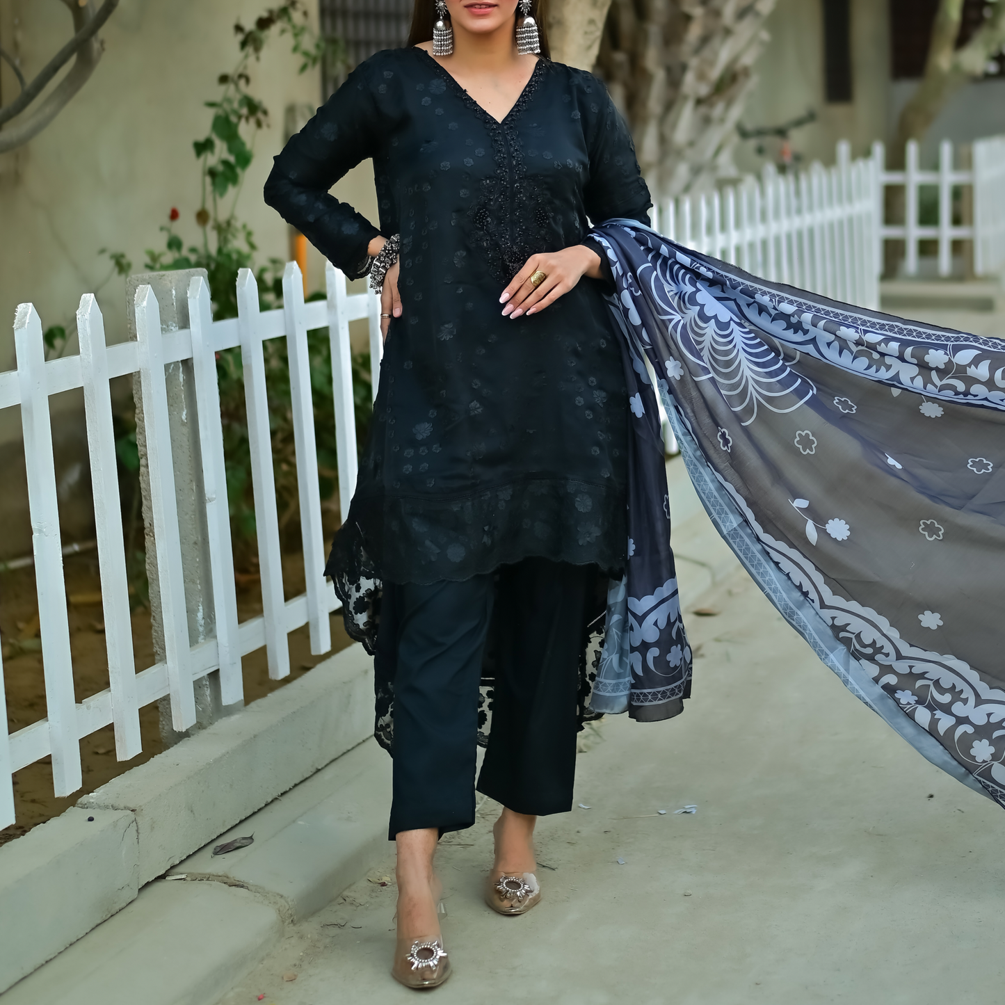 Elegant 3D SILK Tail Style Frock with Handcrafted Neckline & Digital Printed Dupatta MMG-837
