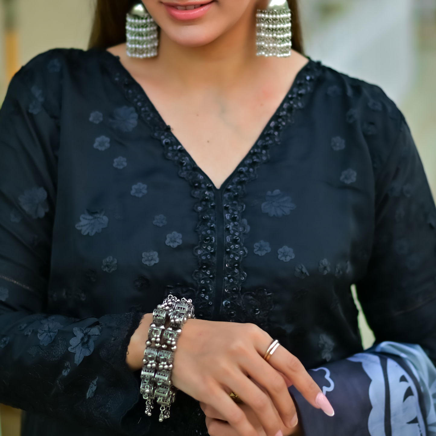 Elegant 3D SILK Tail Style Frock with Handcrafted Neckline & Digital Printed Dupatta MMG-837