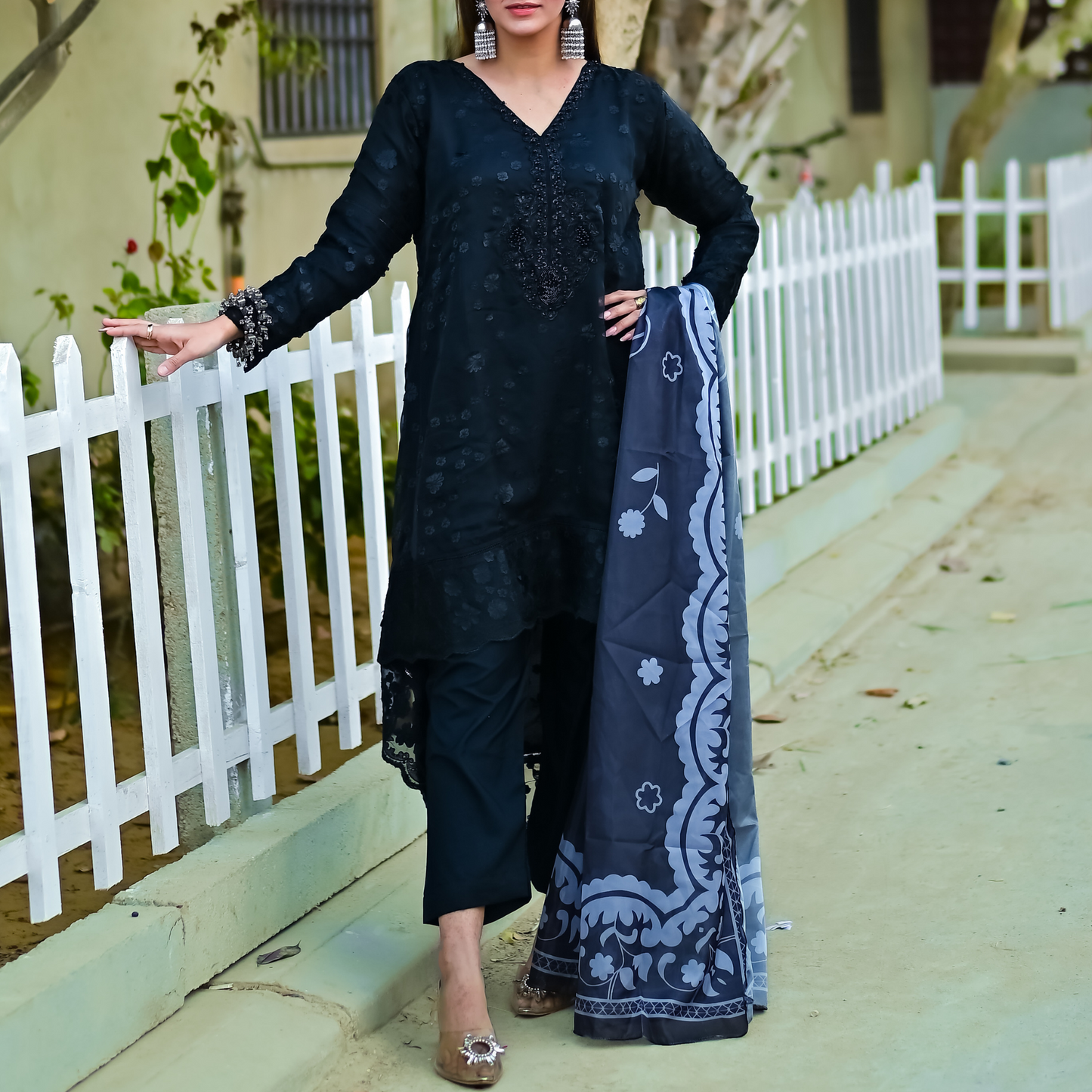 Elegant 3D SILK Tail Style Frock with Handcrafted Neckline & Digital Printed Dupatta MMG-837