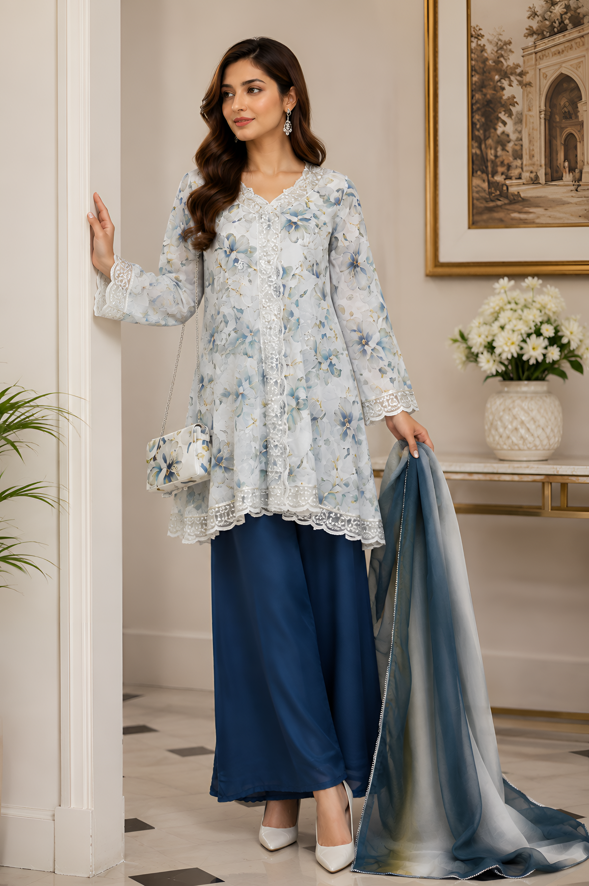 Shehr-e-Naaz digital printed crepe short frock with net embroidered lace neckline, silk charmeuse palazzo, digital printed silk dupatta, and handmade potli.
