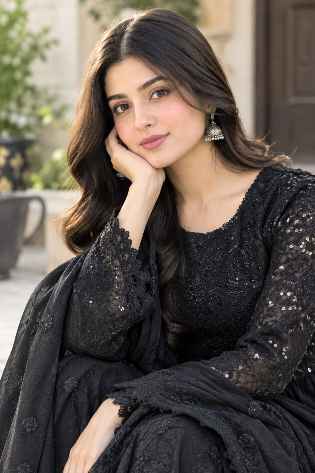 Mahiya chiffon pishwas with Jamawar trouser and embroidered dupatta