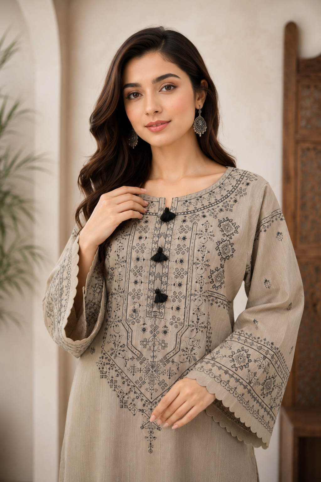 Women's cotton embroidered 2-piece kurta set with elegant thread embroidery, tassel neck design, embroidered sleeves, and matching flapper.