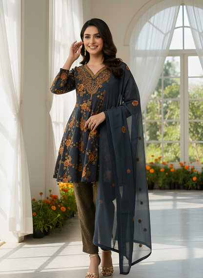 MEHNAZ 3-PIECE EMBROIDERED FROCK MMG-881