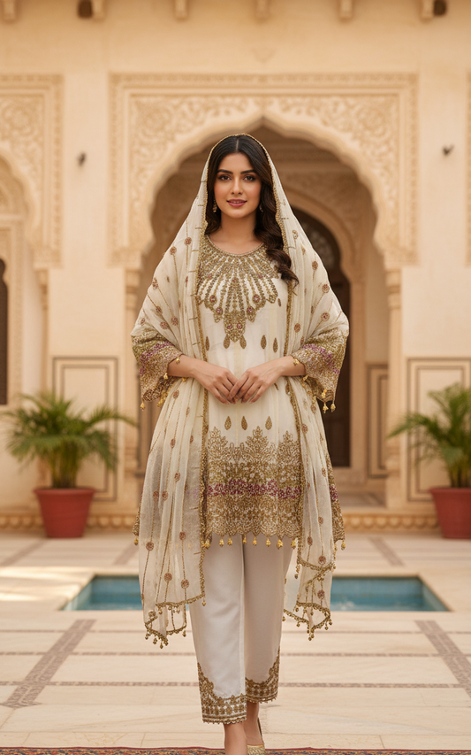 3-PIECE ANCHAL CHIFFON EMBROIDERED FROCK MMG-983