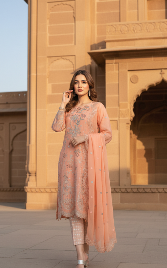ZARPOSH|3-PIECE EMBROIDERED FROCK MMG-824