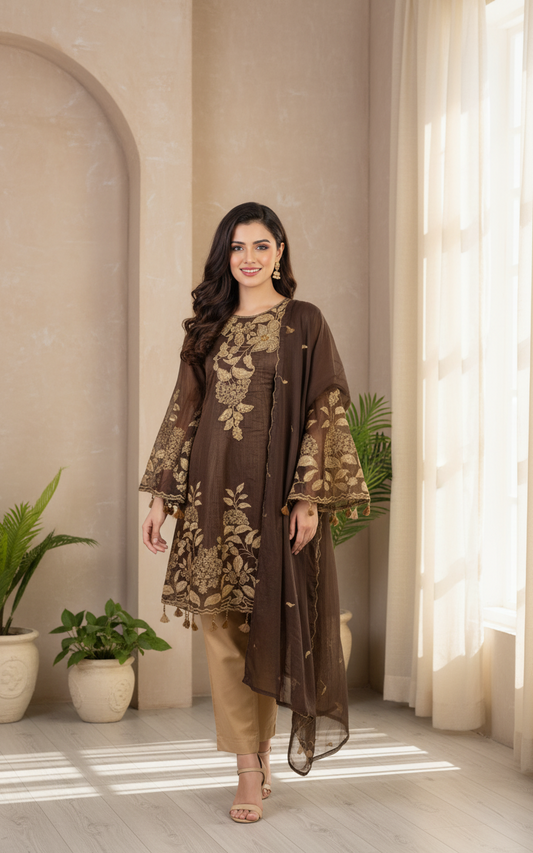 NURA|3-PIECE LINING ORGANZA EMBROIDERED FROCK MMG-745