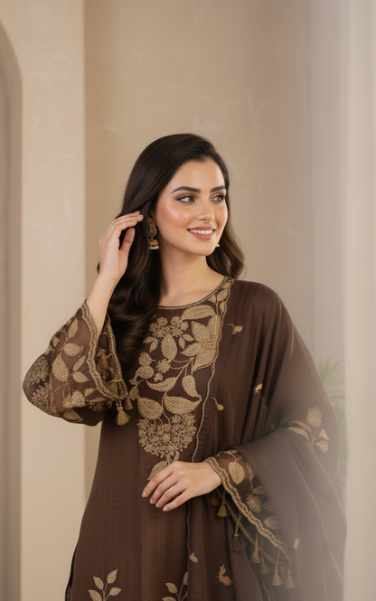 NURA|3-PIECE LINING ORGANZA EMBROIDERED FROCK MMG-745