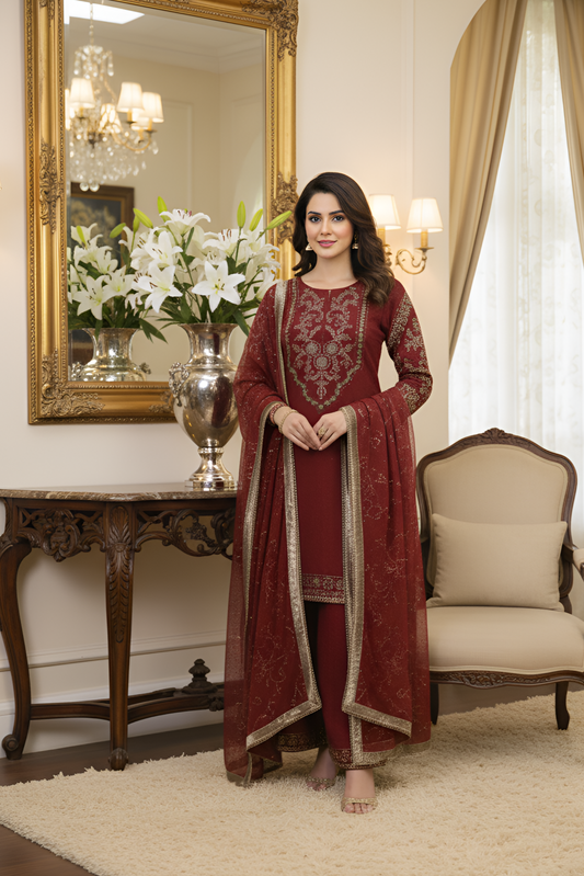 SAHIBA|3-PIECE CHIFFON EMBROIDERED KURTA SET MAROON MMG-1084
