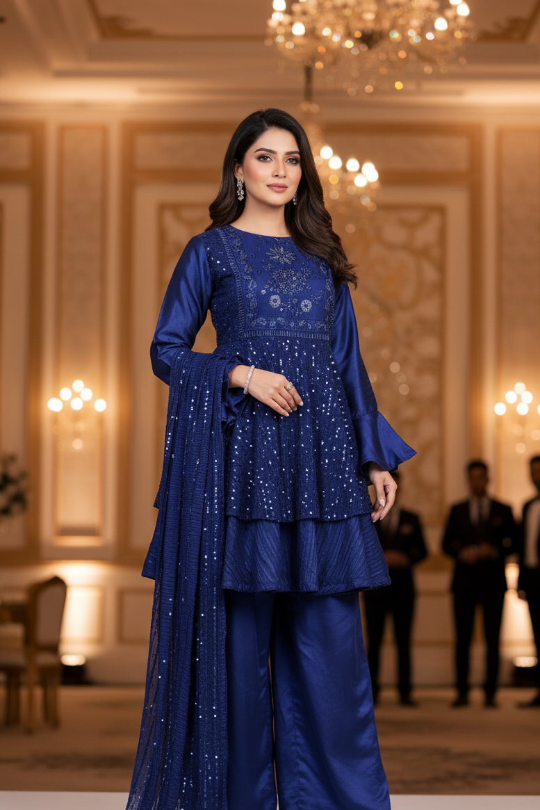 AZURA ROYALE|FLARED SEQUINE HEAVY EMBROIDERED FROCK ROYAL BLUE MMG-1066