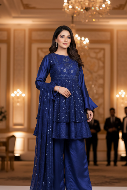 AZURA ROYALE|FLARED SEQUINE HEAVY EMBROIDERED FROCK ROYAL BLUE MMG-1066