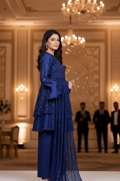 AZURA ROYALE|FLARED SEQUINE HEAVY EMBROIDERED FROCK ROYAL BLUE MMG-1066