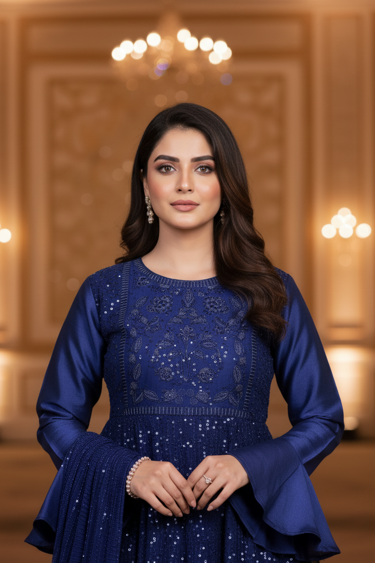 AZURA ROYALE|FLARED SEQUINE HEAVY EMBROIDERED FROCK ROYAL BLUE MMG-1066