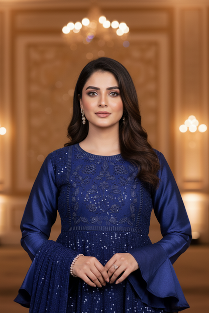 AZURA ROYALE|FLARED SEQUINE HEAVY EMBROIDERED FROCK ROYAL BLUE MMG-1066