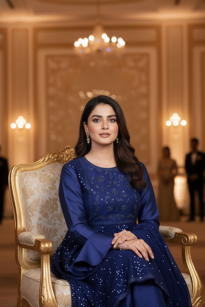 AZURA ROYALE|FLARED SEQUINE HEAVY EMBROIDERED FROCK ROYAL BLUE MMG-1066