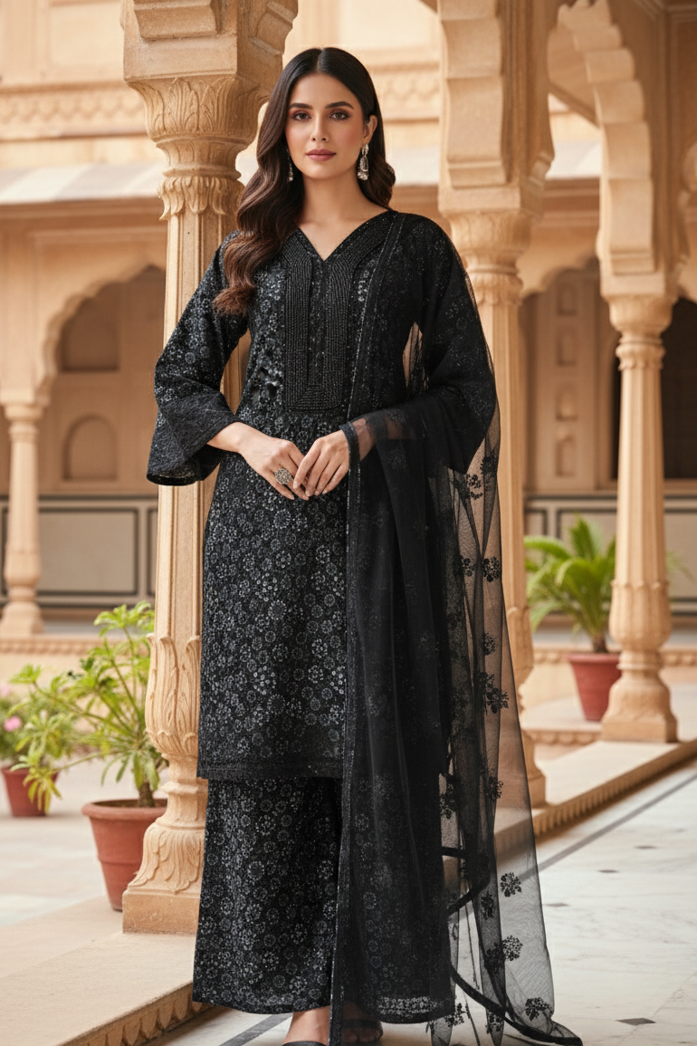 AIZA|3-PIECE EMBROIDERED NET DIGITAL PRINTED KURTA SET MMG-1045