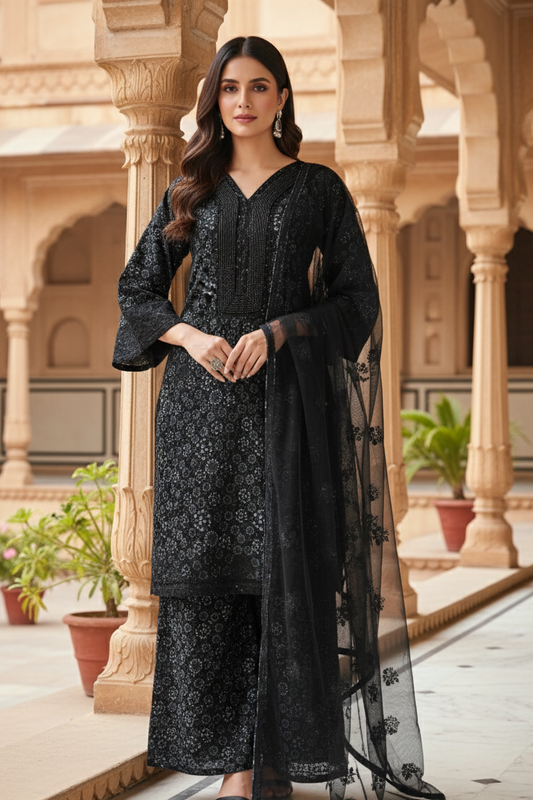 AIZA|3-PIECE EMBROIDERED NET DIGITAL PRINTED KURTA SET MMG-1045