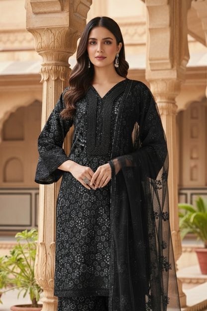 AIZA|3-PIECE EMBROIDERED NET DIGITAL PRINTED KURTA SET MMG-1045