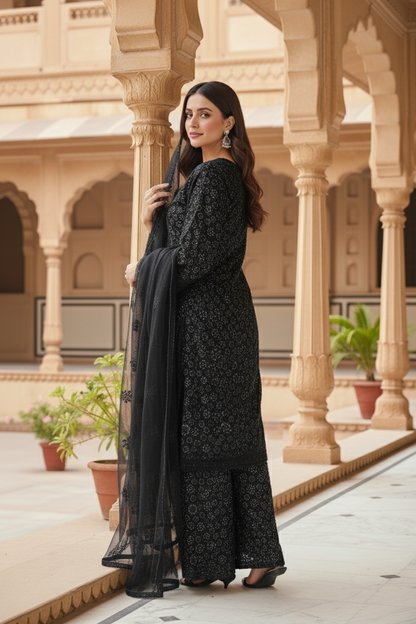 AIZA|3-PIECE EMBROIDERED NET DIGITAL PRINTED KURTA SET MMG-1045