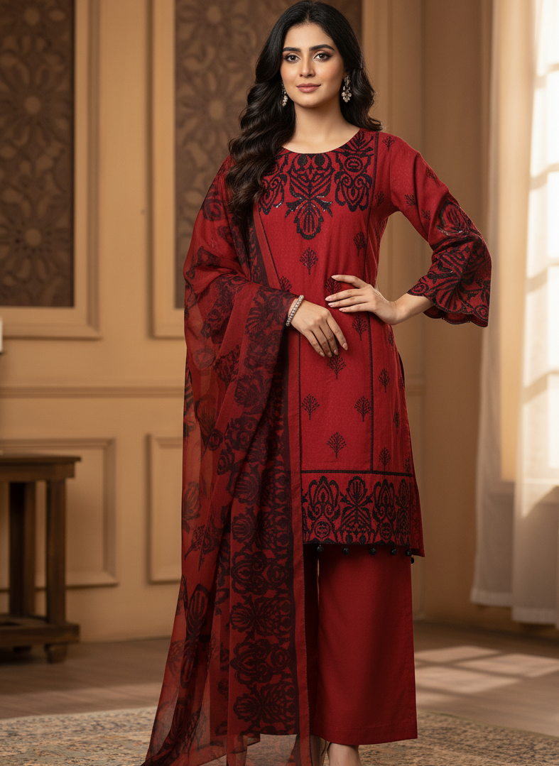 SURKH NAZAKAT|3-PIECE BLACK SEQUINE EMBROIDERED KURTA SET MMG-937