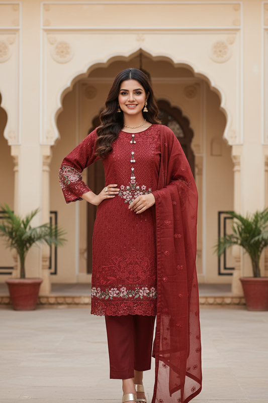 AAFREEEN|3-PIECE CLASSICAL ORGANZA NET KURTA SET MMG-1092