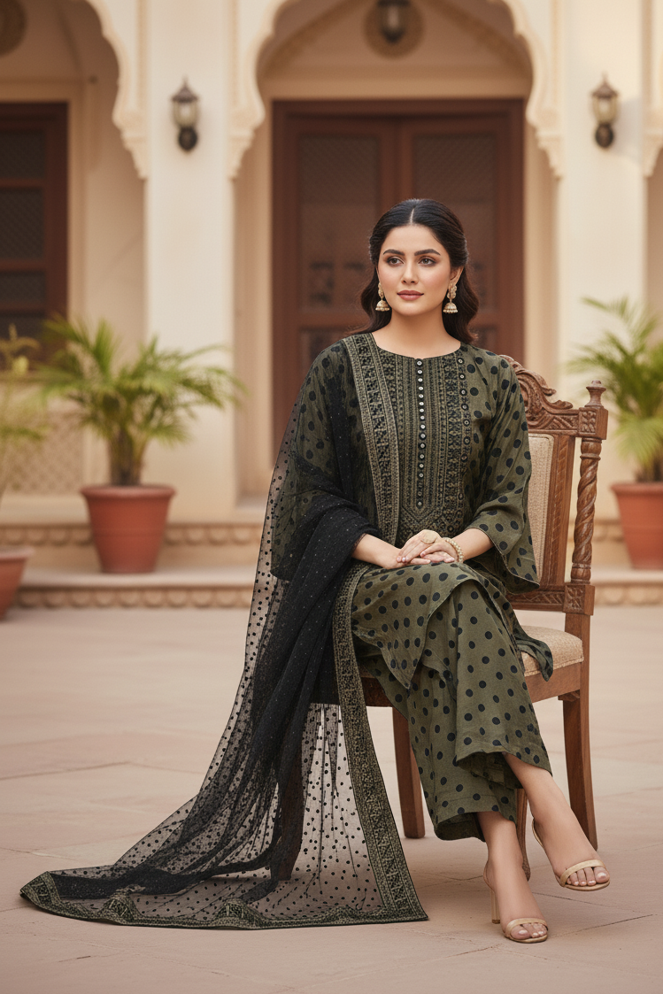 HOORAIN|3-PIECE DIGITAL POLKA DOT NET KURTA SET MMG-1065