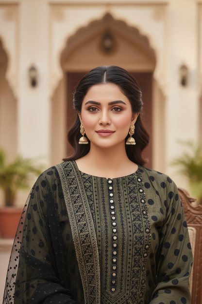 HOORAIN|3-PIECE DIGITAL POLKA DOT NET KURTA SET MMG-1065