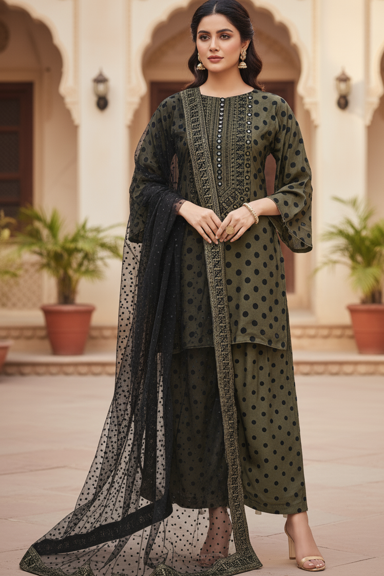 HOORAIN|3-PIECE DIGITAL POLKA DOT NET KURTA SET MMG-1065