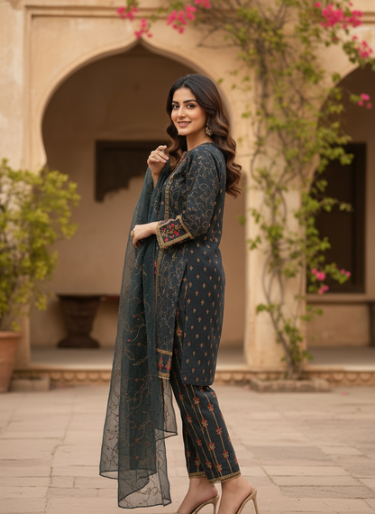 NOOR-E-KHADDAR|3-PIECE KHADDAR EMBROIDERED KURTA SET MMG-813