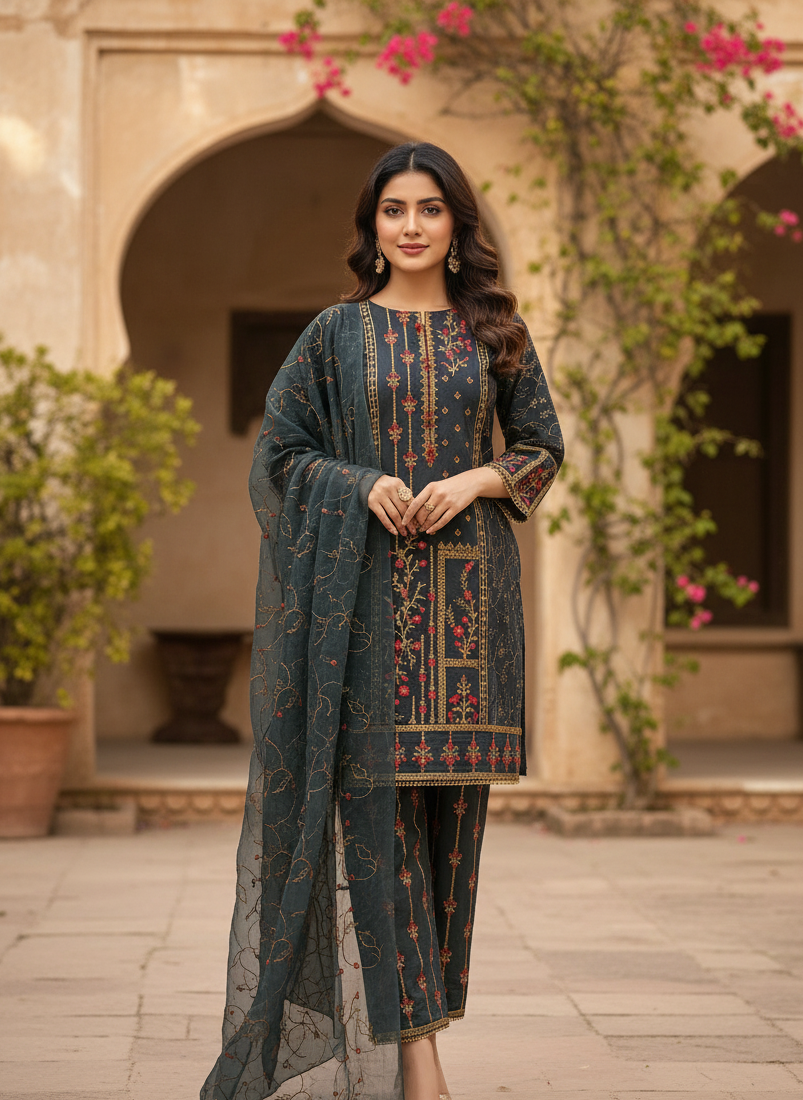 NOOR-E-KHADDAR|3-PIECE KHADDAR EMBROIDERED KURTA SET MMG-813