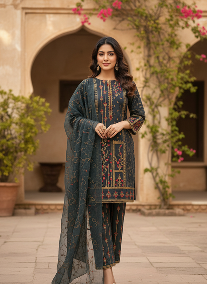 NOOR-E-KHADDAR|3-PIECE KHADDAR EMBROIDERED KURTA SET MMG-813