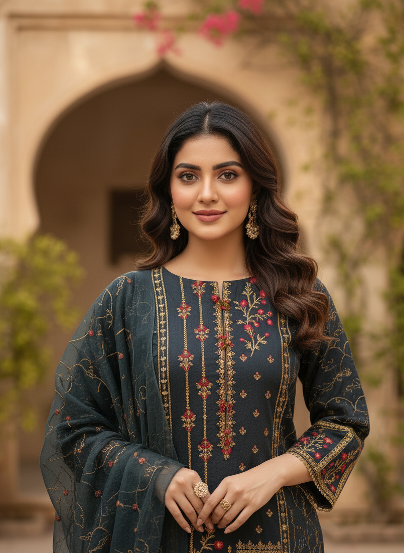 NOOR-E-KHADDAR|3-PIECE KHADDAR EMBROIDERED KURTA SET MMG-813