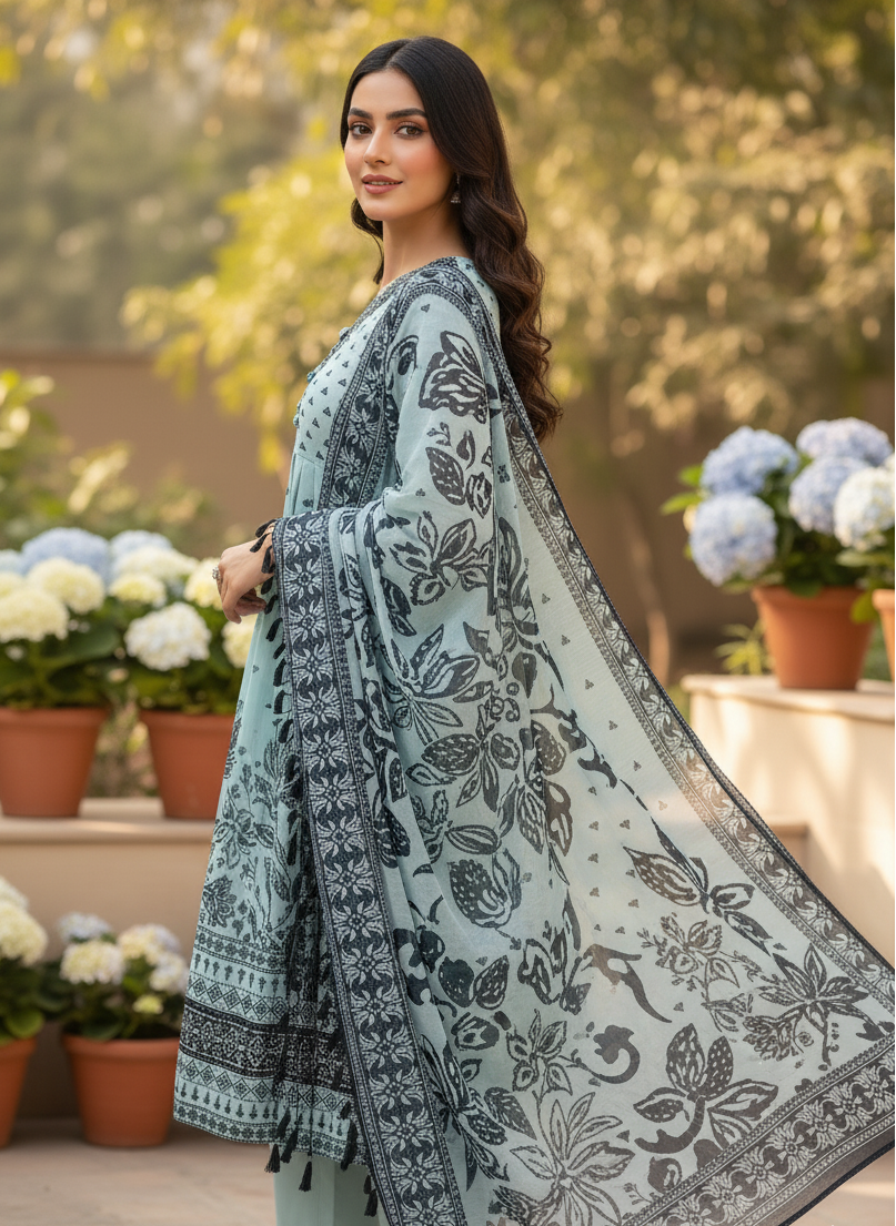ETHEREAL BLOOM|HEAVY CHIFFON DIGITAL PRINTED EMBROIDERED LONG FROCK MMG-1091