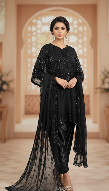 KOHINOOR|BLACK SEQUINE CAP STYLE FROCK WITH FARSI SHALWAR MMG-975