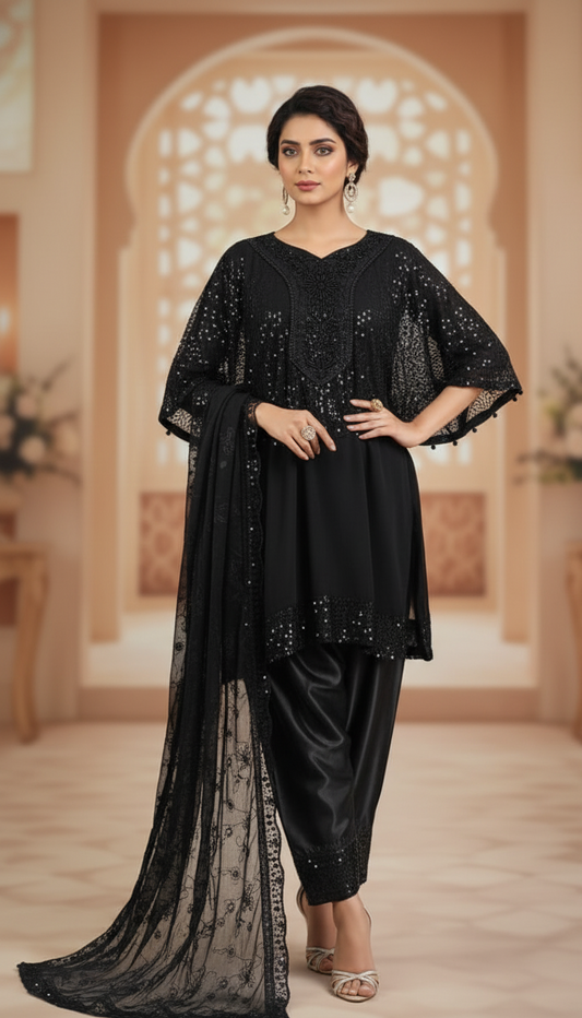 KOHINOOR|BLACK SEQUINE CAP STYLE FROCK WITH FARSI SHALWAR MMG-975