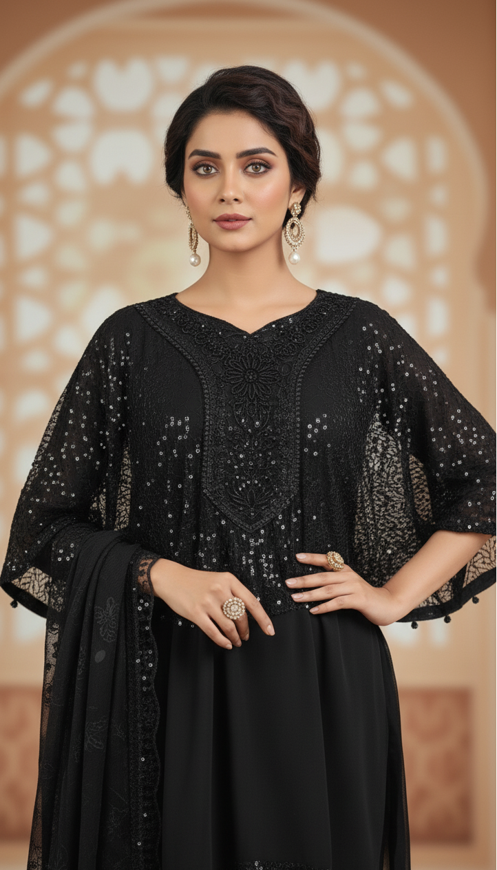 KOHINOOR|BLACK SEQUINE CAP STYLE FROCK WITH FARSI SHALWAR MMG-975