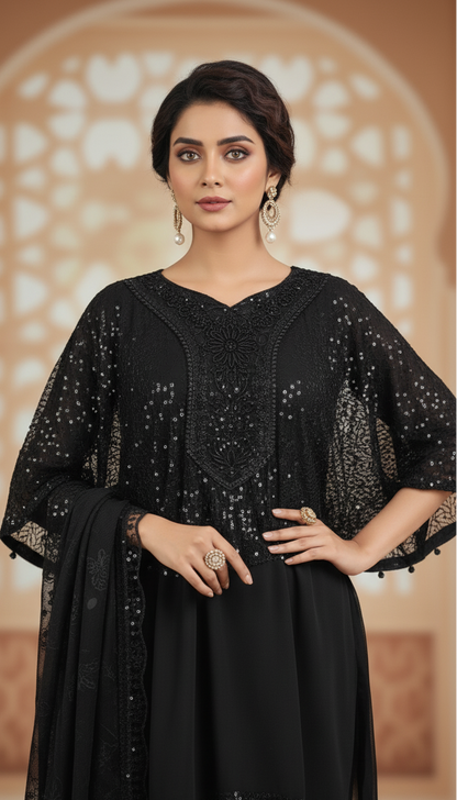 KOHINOOR|BLACK SEQUINE CAP STYLE FROCK WITH FARSI SHALWAR MMG-975