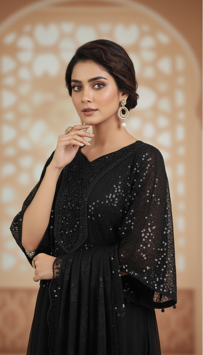 KOHINOOR|BLACK SEQUINE CAP STYLE FROCK WITH FARSI SHALWAR MMG-975