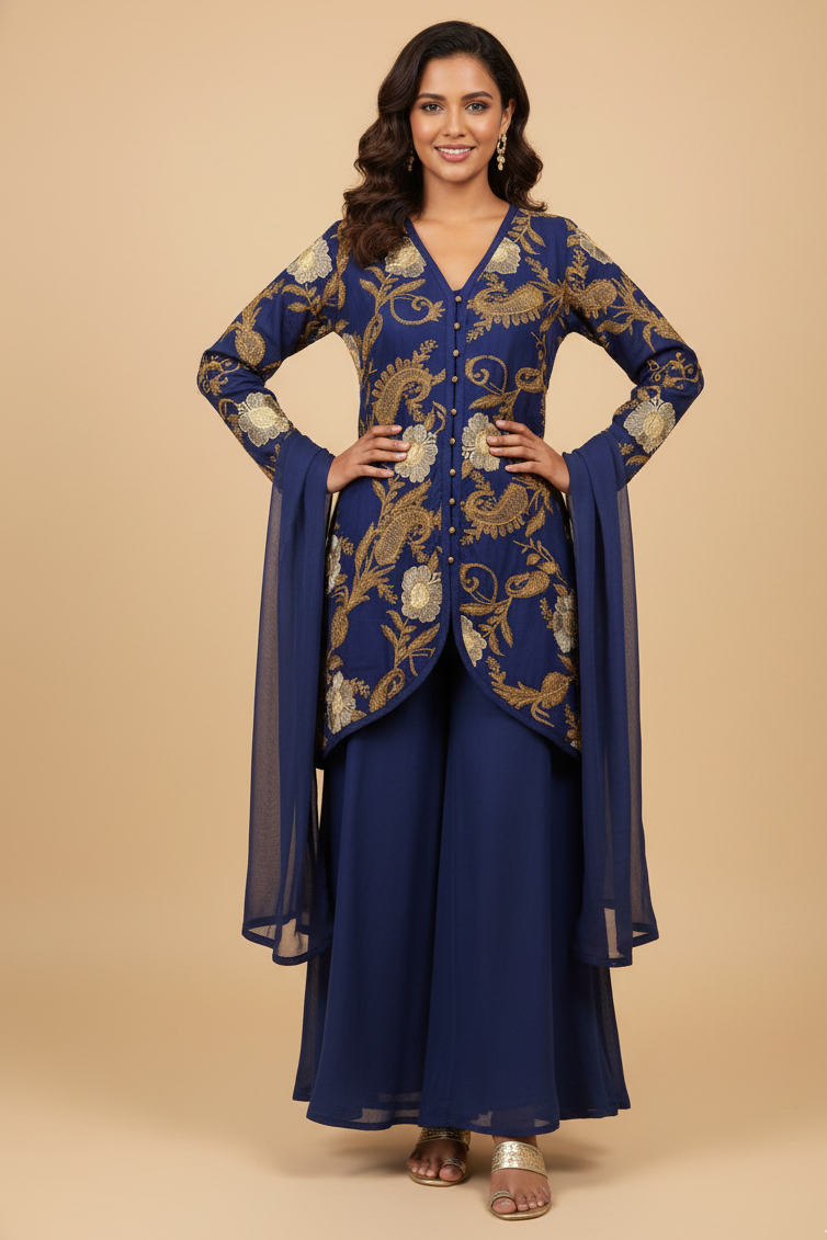 INDO-WESTERN EMBROIDERED 4-PIECE KURTA SET MMG-870