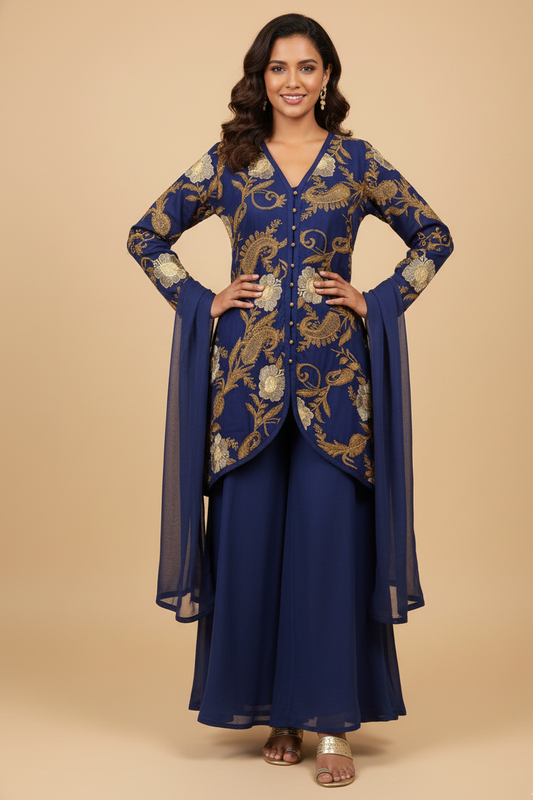 INDO-WESTERN EMBROIDERED 4-PIECE KURTA SET MMG-870