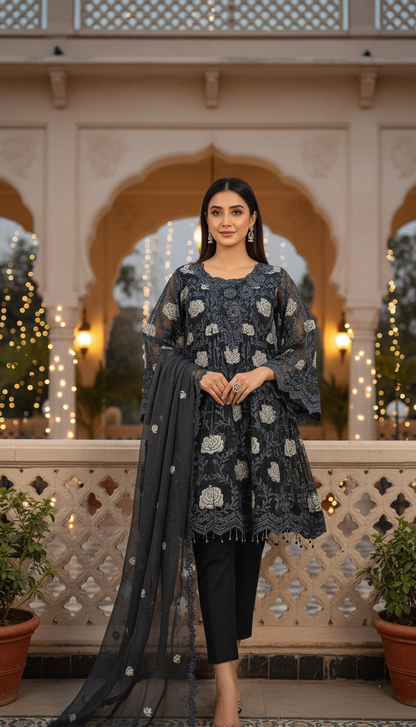PHOOL MAHAL|3-PIECE FLORAL EMBROIDERED FROCK MMG-830