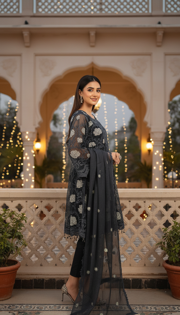 PHOOL MAHAL|3-PIECE FLORAL EMBROIDERED FROCK MMG-830