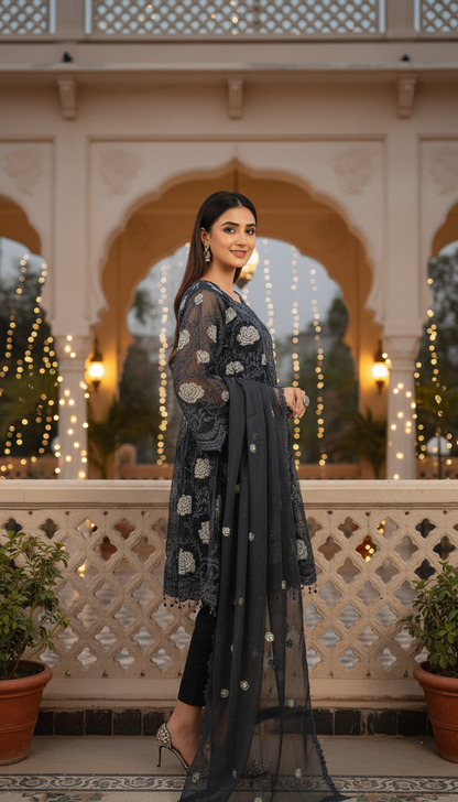 PHOOL MAHAL|3-PIECE FLORAL EMBROIDERED FROCK MMG-830
