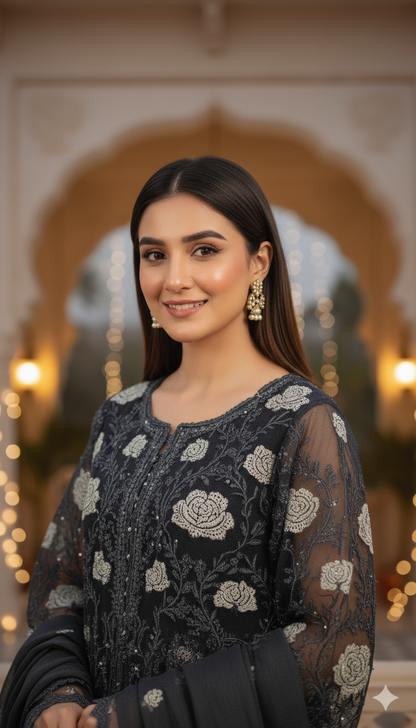 PHOOL MAHAL|3-PIECE FLORAL EMBROIDERED FROCK MMG-830